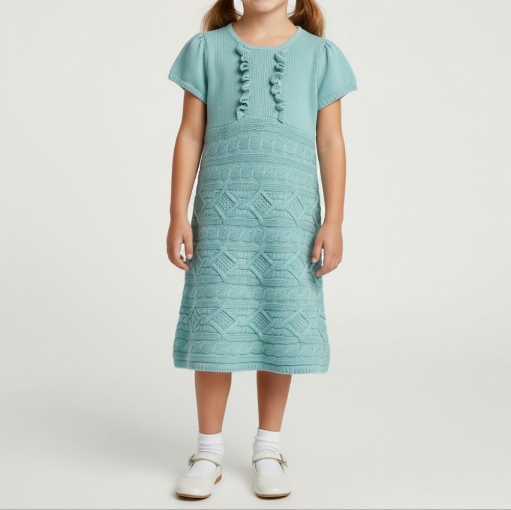Gymboree Cable Knit Sweater Dress Girls Size 10 Aqua Blue Short Sleeve Ruffle
